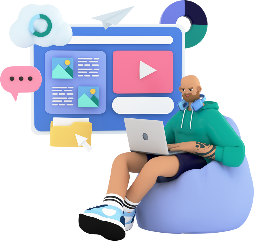 Handsome beard man is annoucing and speaking on social media. Brand management, online promotion concept image. Male character working remote. 3d render illustration.